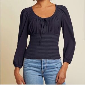 Nation LTD XS Mavis Smock Peasant Top Navy Pima Cotton Milkmaid Fitted Boho